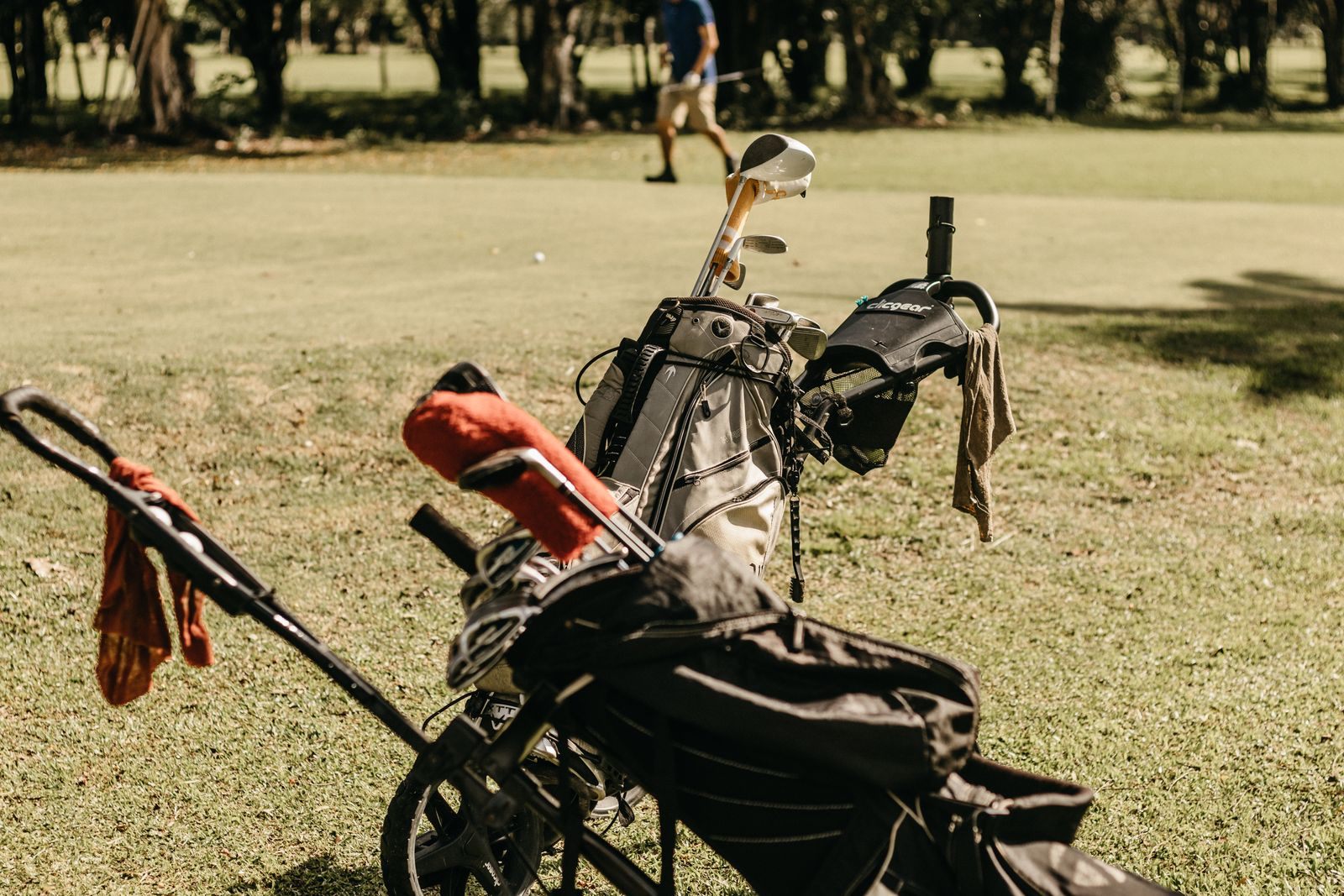 Golf bag with clubs and head covers on a push trolley on a sunny fairway